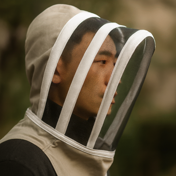 "Ventilated beekeeping suit hood with breathable mesh fabric and airflow system, featuring adjustable drawstrings for secure fit and comfort"