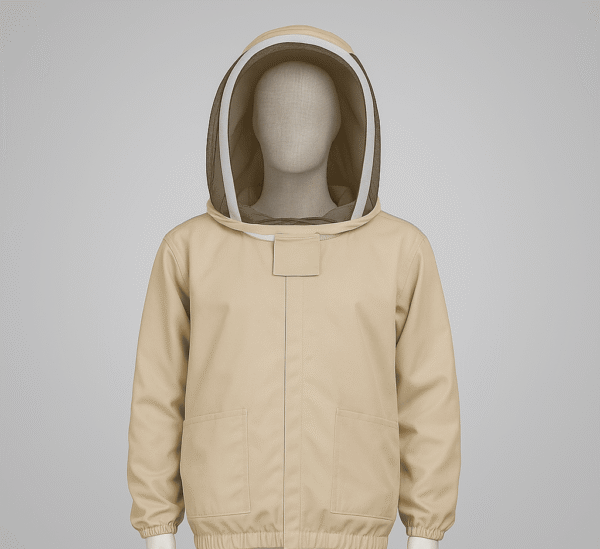 Light beige beekeeping jacket displayed on a featureless white mannequin against a soft gray background, featuring a mesh veil hood with white trim, elastic cuffs, and two large front pockets.