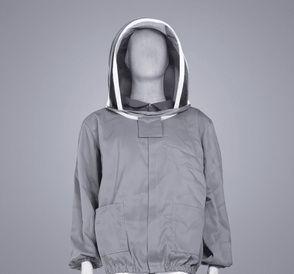 gray beekeeping jacket displayed on a featureless white mannequin against a soft gray background, featuring a mesh veil hood with white trim, elastic cuffs, and two large front pockets.
