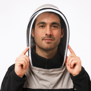 Man wearing a thickened beekeeping hat with high-definition mesh veil and spacious interior for full-face protection.