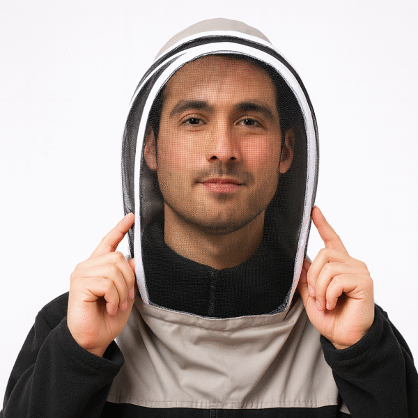 Man wearing a thickened beekeeping hat with high-definition mesh veil and spacious interior for full-face protection.