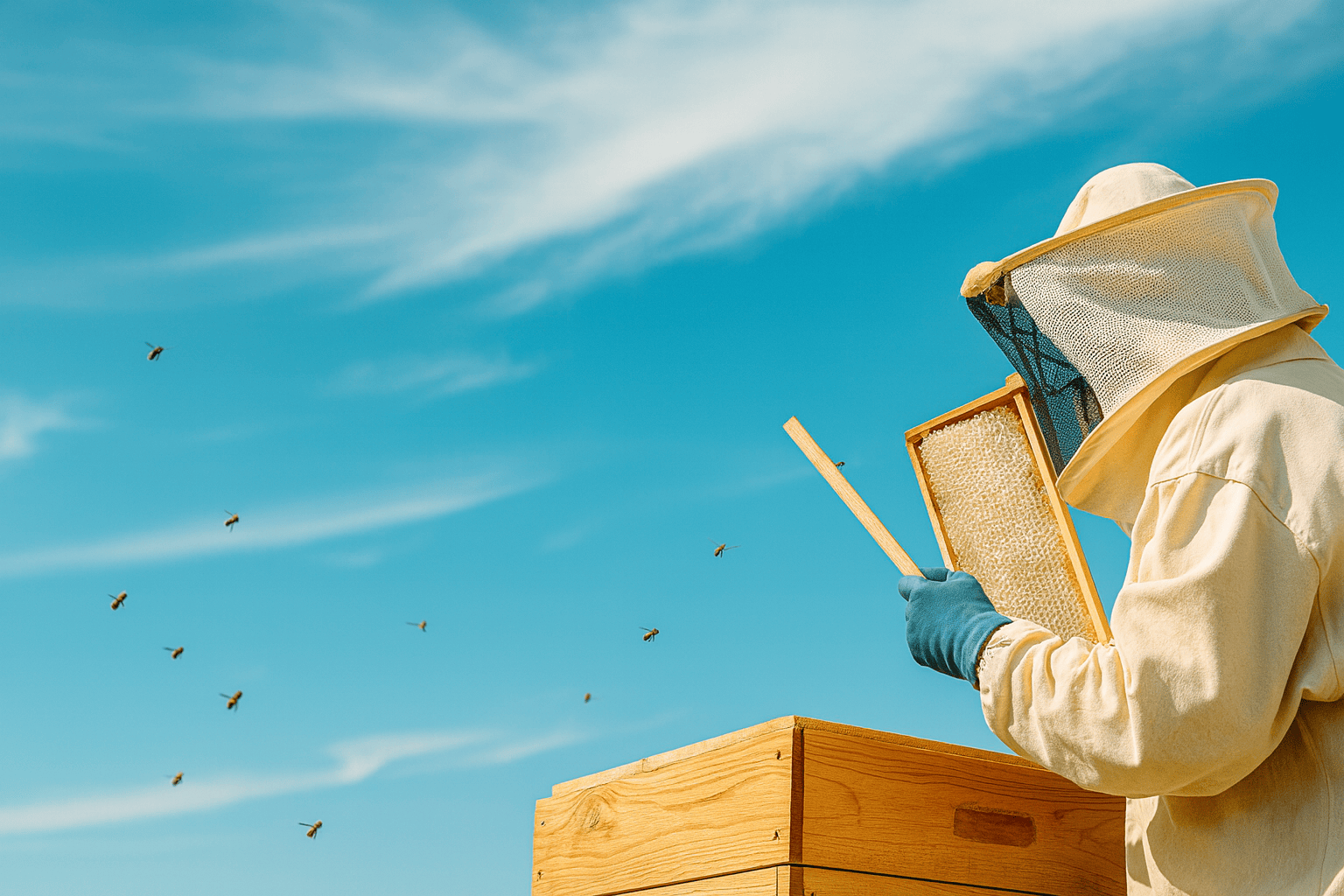 Beekeeper in ventilated suit using a smoker at the hive on a sunny day.