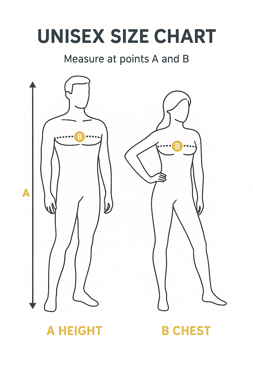 Unisex size chart with male and female outlines showing height (A) and chest (B) measuring points.