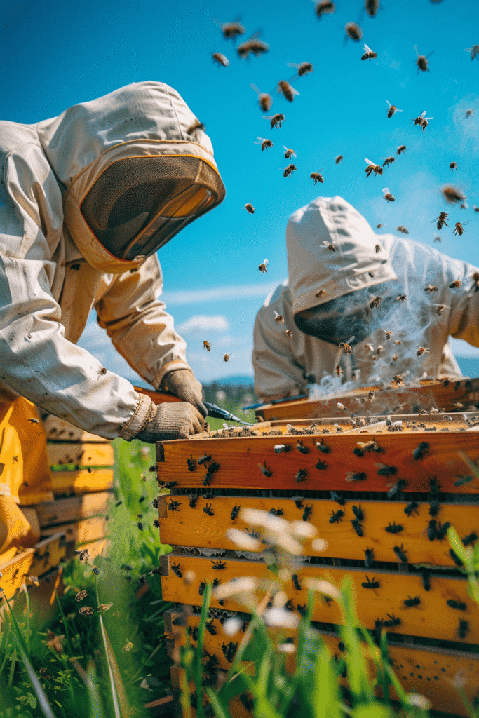 Two beekeepers in full protective suits and mesh hoods inspecting a honeycomb frame covered in bees, standing beside colorful beehives in a sunny green field, with a bee smoker releasing smoke nearby under a clear blue sky.