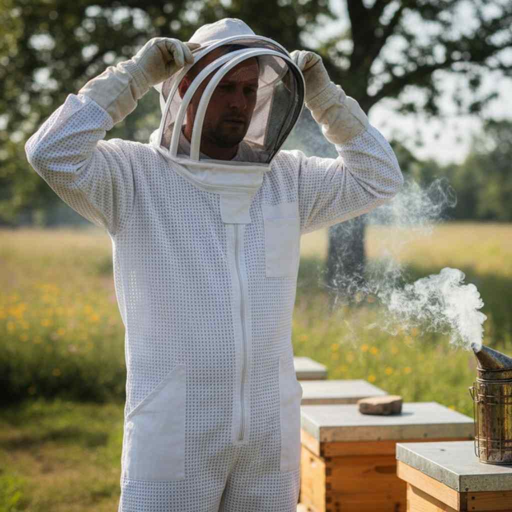 Beekeeper putting on a ventilated suit and veil before opening a hive.