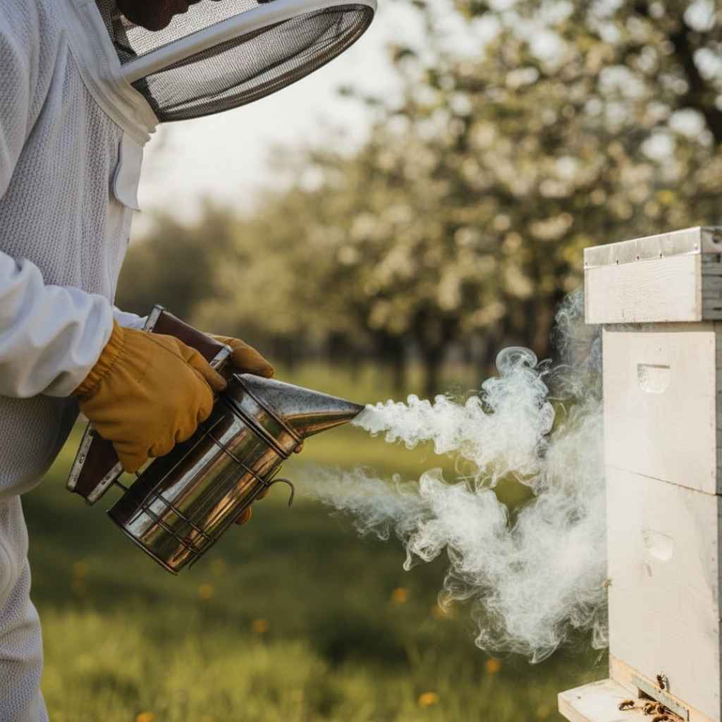 Applying two gentle puffs of cool white smoke at the hive entrance.