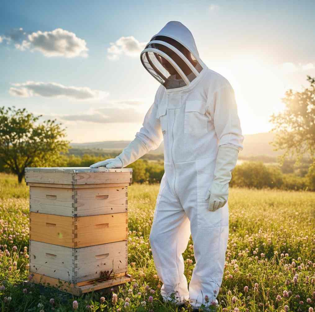 Beekeeper wearing a ventilated suit and clean gloves, standing beside a hive on a sunny day.